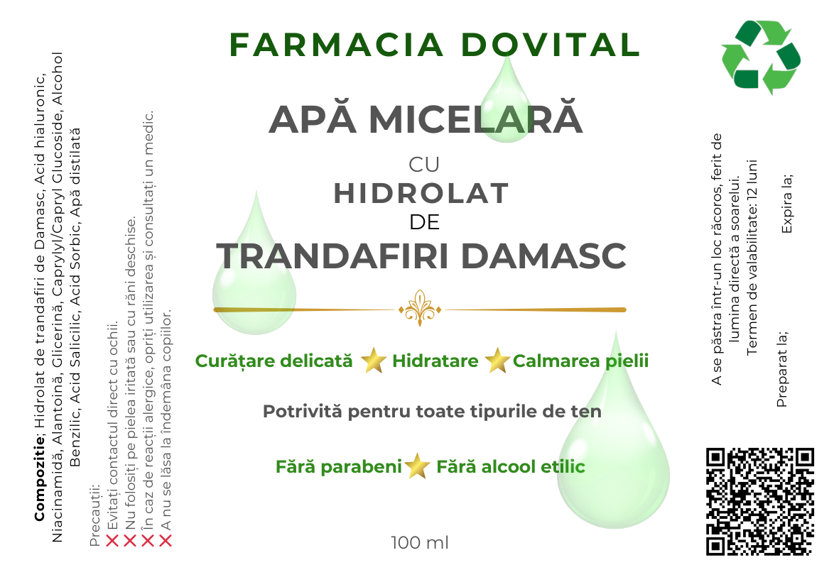 Apă Micelară cu Hidrolat de Trandafiri de Damasc 100 ml